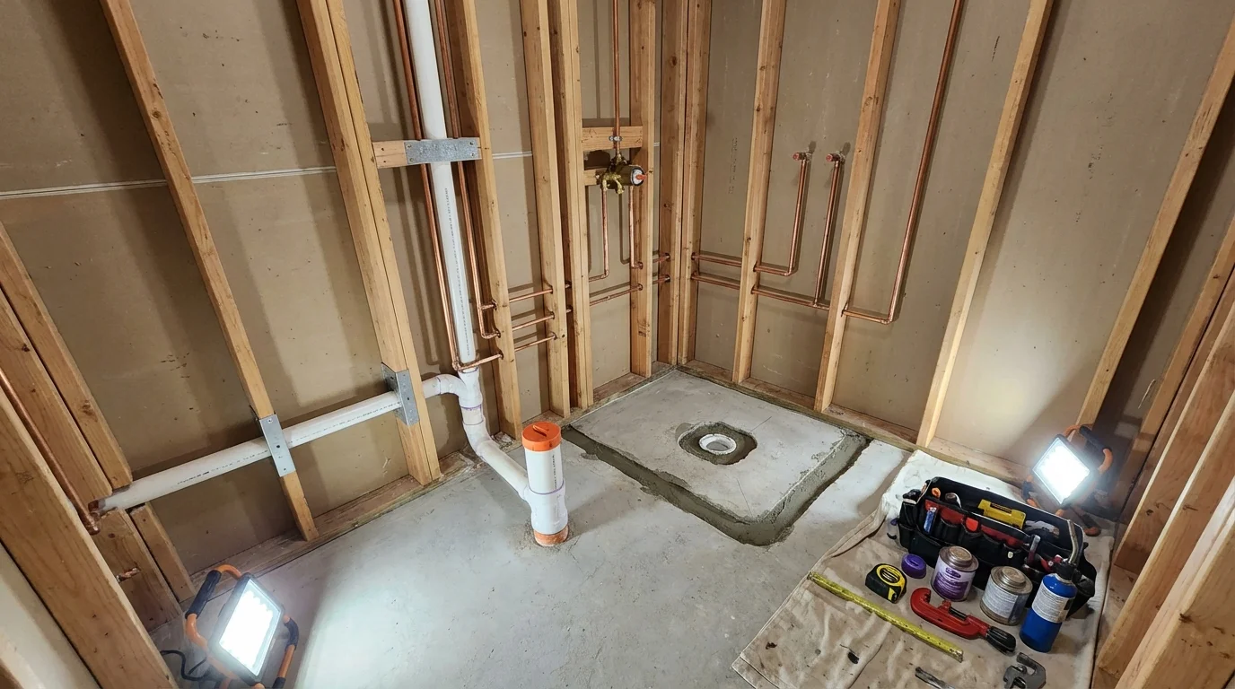 Bathroom rough-in plumbing during remodel by Johns Plumbing LLC in Kayenta