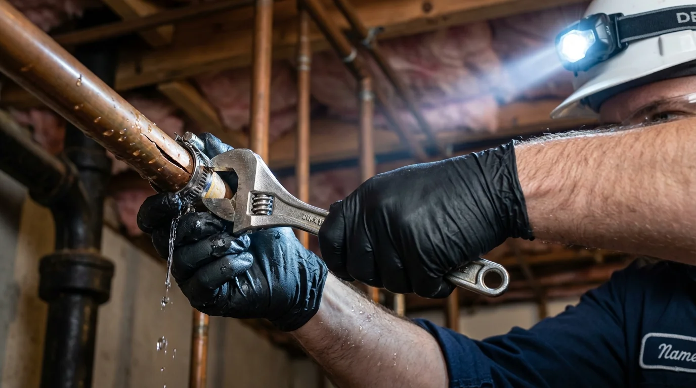 Emergency pipe clamp repair being performed by a Johns Plumbing LLC plumber in Kayenta