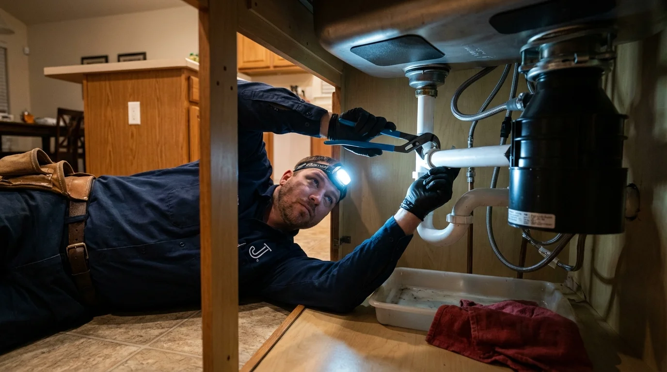 P-trap and supply line connections under a kitchen sink showing a common leak point in Kayenta, AZ